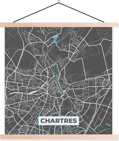 Posterhanger incl. Poster 40x40 cm - Schoolplaat - Chartres - Frankrijk - Plattegrond - Kaart - Stadskaart - Textielposter - Blanke latten - Stadskaart