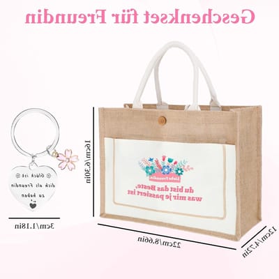 Jute tas met sleutelhanger set als cadeau voor beste vriendin, verjaardagscadeau, opvouwbare boodschappentas, strandtas en bedankje voor vrouwen