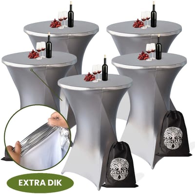 Statafelrok Zilver x 5 – ∅80-85 x 110 cm met Opbergtas – Statafelhoes Stretch Stof – Kras- en Vouwvrije Statafel Rok Extra Dik – Zilveren Sta Tafelrok 5 Stuks – Statafelhoezen Voor Horeca Evenementen Feest Bruiloft Partijen
