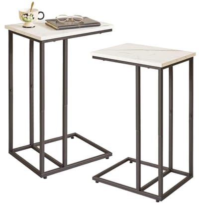 C-vormige Bijzettafel met Metalen Frame - Witte Kunstmarmeren Afwerking voor Woonkamer en Slaapkamer