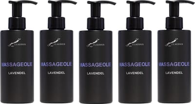 Massageolie Lavendel 300 ml - met pomp - zwarte fles - 100% natuurlijk - biologisch en koud geperst - set van 5 stuks - Voordeelverpakking