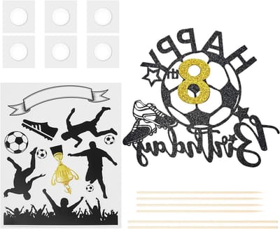 Verjaardagskaart voor voetbalfans van 8 jaar met set voetbal-elementen, creatieve taartsieraden en bakaccessoires