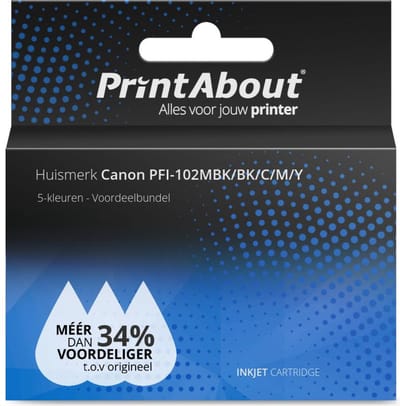 PrintAbout huismerk Inktcartridge PFI-102MBK/BK/C/M/Y 5-kleuren Multipack Geschikt voor Canon