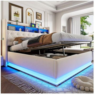 Lit LED - MUVOE - 180 x 200 cm - Prise USB - Rangement hydraulique - Tissu lin beige beige