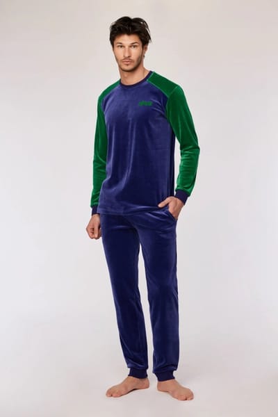 Woody pyjama jongens/heren velours - donkerblauw/groen - 'Nope' - 252-10-QRM-V/897 - maat M