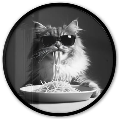 Poster in lijst Rond - Fotolijst 40x40 cm - Posters - Langharige kat - Zonnebril - Spaghetti - Humor - Zwart - wit - Ronde posterlijst zwart - Decoratie - Wanddecoratie woonkamer - Muurdecoratie slaapkamer