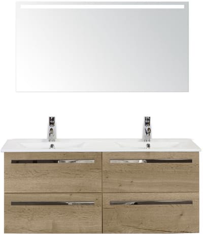 Seville Badmeubelset 120 cm - 4 Laden Natuur Eiken - Wastafel Enjoy Dubbel met Sence Spiegel