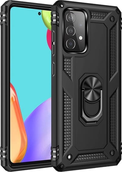 Stevige Magnetische Anti shock ring back cover case Geschikt voor Samsung Galaxy A22 5G- schokbestendig-TPU met stand – Zwart + Gratis screenprotector