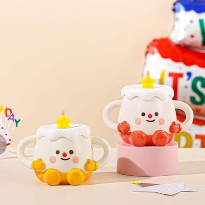 Leuke Taartbeker met Deksel Cartoon Glimlachend Gezicht Mok Grote Capaciteit Hittebestendig Huishoudelijk Set Waterbeker Klein Cadeau 450ML white