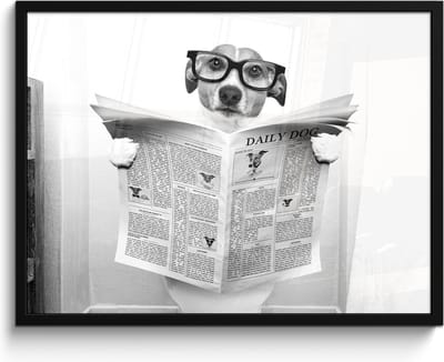 Poster in lijst - Fotolijst 80x60 cm - Posters - Hond - Krant - Toilet - Zwart wit - Dieren - Posterlijst zwart - Wanddecoratie badkamer - Muurdecoratie WC - Decoratieve accessoires - Toilet muur decoratie