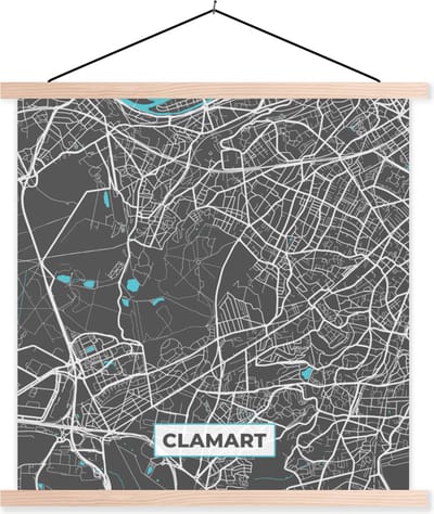 Posterhanger incl. Poster 40x40 cm - Schoolplaat - Clamart - Frankrijk - Plattegrond - Kaart - Stadskaart - Textielposter - Blanke latten - Stadskaart