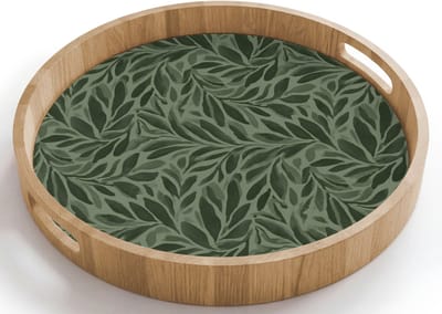 Dienblad rond 40x40 cm - Schootdienblad hout - Bladeren - Organisch - Groen - Borrelplank rechthoek - Plateau houten dienbladen