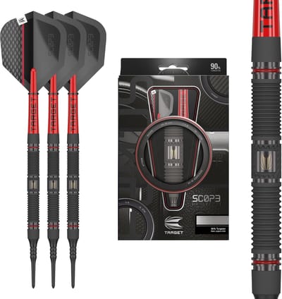 Target Darts Scope Soft Tip Dartpijlen 18G Barrel 10 - 90% Tungsten - Zwarte Pixel Soft Tips - Pro Grip Tag Shafts - Pro Ultra Flights - Radiale Groeven - Zwarte PVD Coating