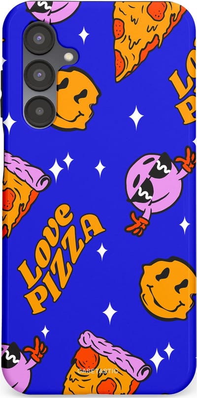 Casetastic hoesje geschikt voor Samsung Galaxy A16 - Dubbellaagse bescherming - Funky Pizza - Fashion Case - Paars Okergeel Donkerblauw Bruin