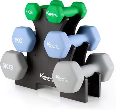KM-Fit halterset 19 kg | Neopreen dumbbells 1–5 kg met standaard | Home Gym