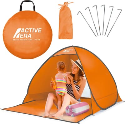 Pop-up strandtent met UV-bescherming, UPF 50+ strandtent, windbescherming strand, tent voor 2-3 personen inclusief draagtas en haringen - oranje