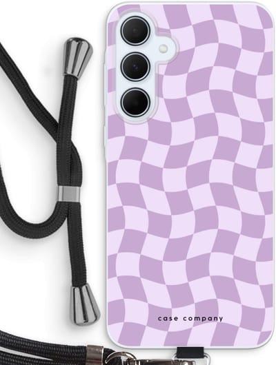 Case Company® - Hoesje met koord geschikt voor Samsung Galaxy A35 hoesje met Koord - Grid Paars - Telefoonhoesje met Zwart Koord - Bescherming aan alle Kanten en Over de Schermrand