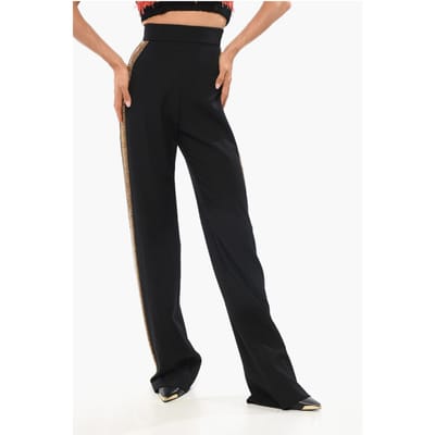 Wollen broek met hoge taille en met juwelen versierde zijbanden in zwart