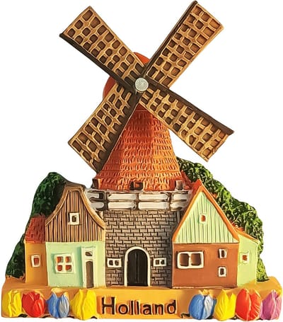 Ainy - Windmolen Magneet | Decoratief Nederlands molen met draaibare oranje wieken & kleurijke tulpen | Sterke magneten voor koelkast of andere metalen oppervlakken | Souvenirs holland | gekleurd 8x7.6cm
