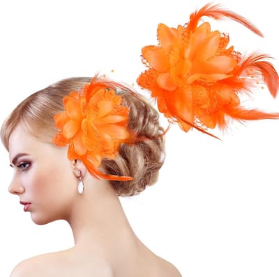 Dailygoods- Haarspelden 2 stuks - Retro Fascinator - Veerbloem Hoofddeksel - Oranje Haaraccessoires - Vintage Stijl - Geschikt voor Dames
