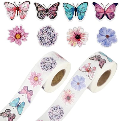 1000 stickers op 2 rollen stickers bloemen & vlinders bloemenstickers voor kinderen DIY papier tape stickers, verschillende stickers vlinders bloemen voor doe-het-zelf handwerk scrapbooking, 2,5-3 cm