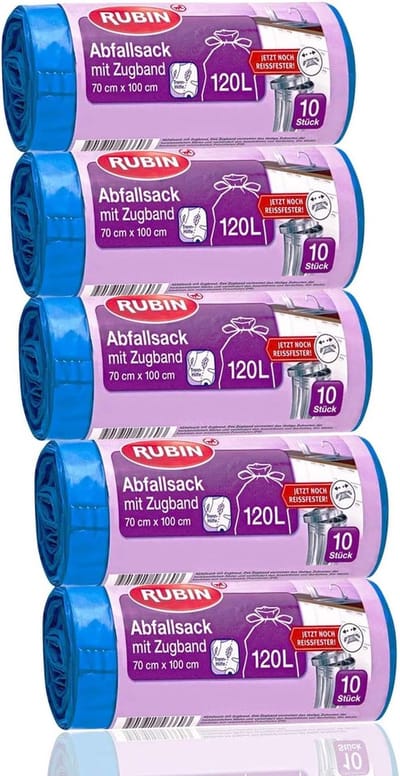 SnelShoppen - Rubin Vuilniszakken met Trekkoord 120 Liter - 50 Stuks - Sterk en Duurzaam - Inhoud voor Tuin, Keuken, Feest en Camping - Zwart