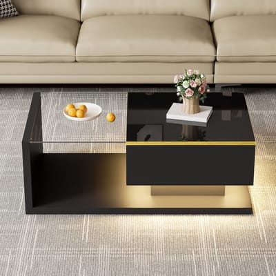 DESMIU Salontafel - Hoogglans Zwart Met Ledverlichting En Glazen Blad - Voor Woonkamer En Lounge - Spaanplaat En Gehard Glas - 90x50x32,5 Cm