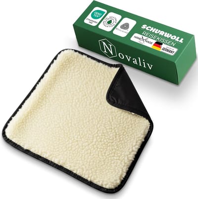 Novaliv reiskussen 37 x 37 cm naturel, opvouwbaar/oprolbaar, bovenkant van zuivere scheerwol, onderkant van waterafstotend polyamide, warm en ademend, lichtgewicht en compact, geschikt voor handbagage, als zitkussen voor op reis, in het sta
