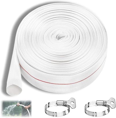 10 meter weefselslangset voor tuinirrigatie en waterpompen - platte industriële slang met 2 roestvrijstalen fittingen