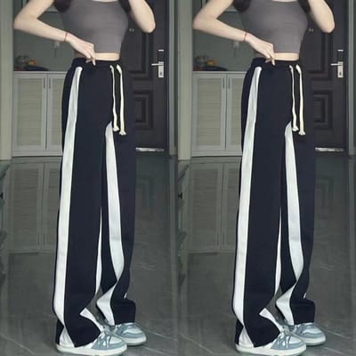 Damesbroek Zwart-wit Stiksels Casual Broek Sport Honderd Losse Rechte Drapé Slepend Wijde Pijpen 3XL zwart