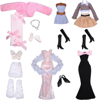 21-delig Kleding Set voor Barbie Poppen, Inclusief Kleding en Accessoires, 6 Avondjurken voor 30 cm Poppen