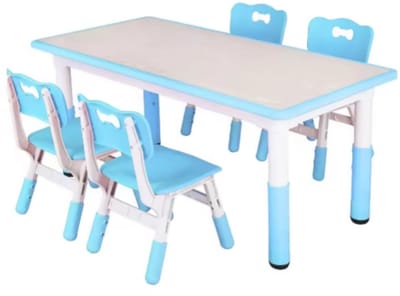 Kindertafel en 4-Stoelenset - In Hoogte Verstelbare Tafel voor Peuters voor Studie, Schrijven en Spelen - Activiteitstafel en Stoelen voor Kinderen - Blauw - 120x60cm
