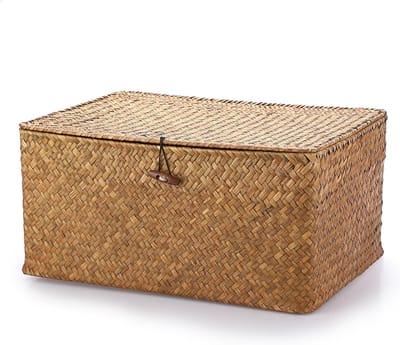 Opbergmand van Wicker met Deksel voor Badkamer en Woonkamer - Vierkante Decoratieve Opbergoplossing voor Onder de Plank (Caramel, XL)