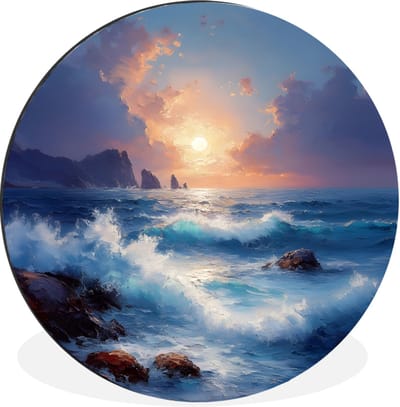 WallCircle - Wandcirkel - Muurcirkel - Golven - Zee - Kleurrijk - Rotsen - Aluminium - Dibond - 30x30 cm - Binnen en Buiten