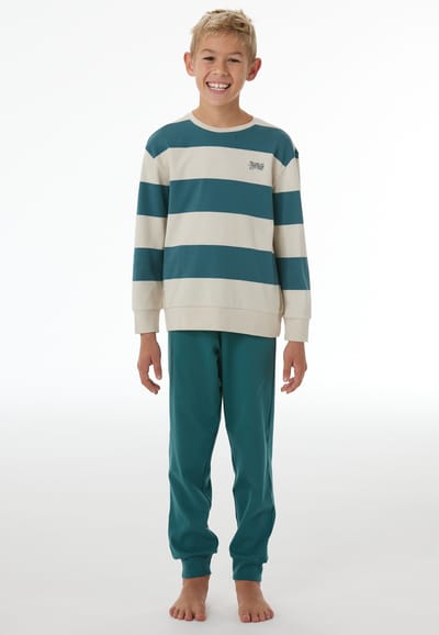 Lange pyjama van interlock met manchetten, met streepjes, diepzeegroen - Nightwear 128