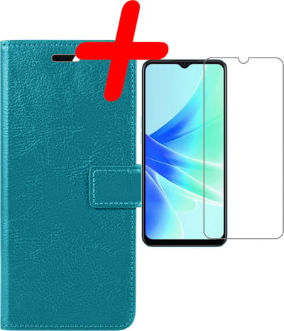 Hoesje Met Screenprotector - Geschikt voor OPPO A17 - Luxe Pasjeshouder - Bookcase Portemonee - Flip Case - Kunstleer Book Case - Flipcase - Book Cover - Walletcase - Portemonneehoes - Turquoise