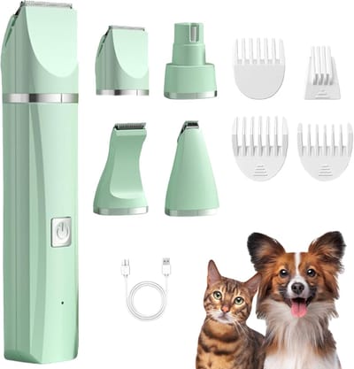 Hondenverzorgingsset - Stille & Precise Vachtknipper voor Kleine Katten - 4 Verwisselbare Messen & 4 Opzetkammen - voor Poten, Ogen, Oren, Gezicht - 1 Set