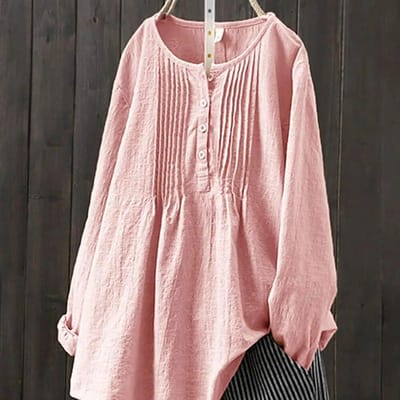 Dames Herfst All-match Lange Mouw O-hals Casual Losse Shirt Retro Harajuku Effen Kleur Katoen en Linnen Shirt Grote Maten Tops L