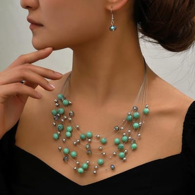 Bohême perle cristal perles collier boucle d'oreille pour femmes ensemble de bijoux mode multicouche cordon Boho tour de cou Colar Vintage accessoires vert