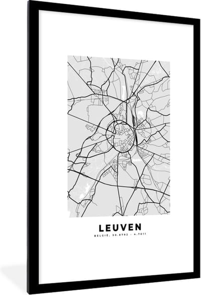 Fotolijst incl. Poster Zwart Wit- Zwart Wit – België – Plattegrond – Stadskaart – Kaart – Leuven - 80x120 cm - Posterlijst
