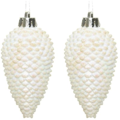 Decoris Kersthangers dennenappels - 12x - wit parelmoer -glitter - 8 cm - kunststof - kerstversiering