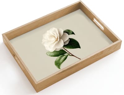 Dienblad hout 40x30 cm - Schootdienblad - Cameliabloem - Wit - Groen - Borrelplank rechthoek - Plateau dienbladen