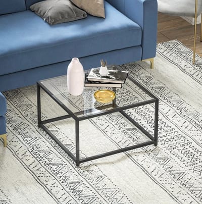 MEUNIQ Bijzettafel vierkant 68 x 68 x 39 cm met zwart stalen frame en tafelblad van gehard glas, industrieel voor woonkamer of slaapkamer