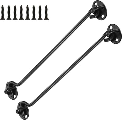 JGS Premium - 2-pack stormhaken 300 mm zwart met oog, schroeven en deurhaak voor ramen, jaloezieën, tuinhuisjes