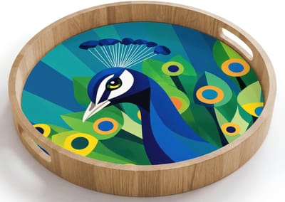 Dienblad rond 40x40 cm - Schootdienblad hout - Pauw - Cirkels - Blauw - Borrelplank rechthoek - Plateau houten dienbladen