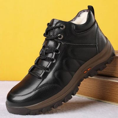 Winter Nieuwe Wol Hoge Top Heren Laarzen Mode Naaiontwerp Echt Leer Warme Schoenen Antislip Dikke Zool Enkellaarsjes 38 black