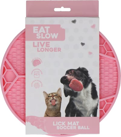 Eat Slow Live Longer Likmat - Ø 22 cm - Slowfeeder Honden en Katten - Anti Schrok - Voermat - Likvoerbak - Voor Nat Voer en Brokken - Vaatwasserbestendig - Voetbal - Anti Slip - Voerpuzzel Kat - Roze