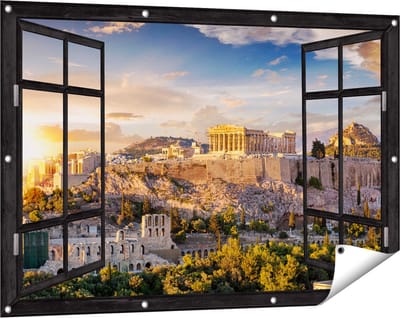 Gards Tuinposter Doorkijk Akropolis van Athene, Griekenland - Architectuur - 120x80 cm - Tuindoek - Tuindecoratie - Wanddecoratie buiten - Tuinschilderij