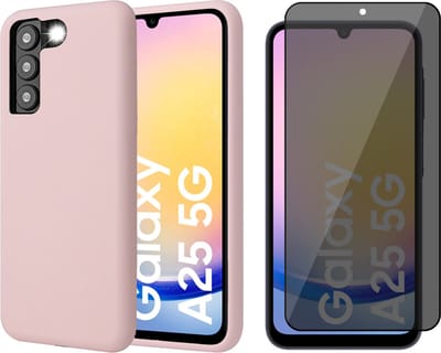 Hoesje geschikt voor Samsung Galaxy A25 / A24 - Privacy Screenprotector Volledig Dekkend Glas - Mat Back Case Roze