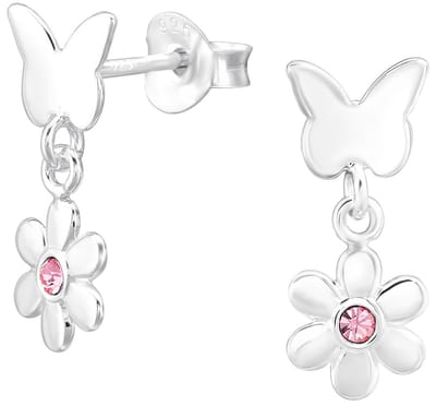 Joy|S - Zilveren vlinder met bloem bedel oorbellen - 6 x 15 mm - roze kristalletje - kinderoorbellen